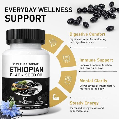 Purely Ethiopian Black Seed Oil Capsules, Purely Nutrient Ethiopian Black Seed Oil Capsules 4.64% Thymoquinone, Organic Cold Pressed, Non-GMO, Gluten-Free, 60 Softgels in Saudi Arabia