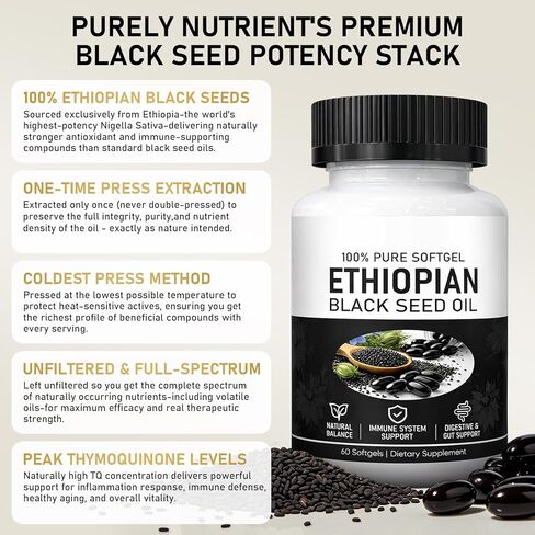 Purely Ethiopian Black Seed Oil Capsules, Purely Nutrient Ethiopian Black Seed Oil Capsules 4.64% Thymoquinone, Organic Cold Pressed, Non-GMO, Gluten-Free, 60 Softgels in Saudi Arabia