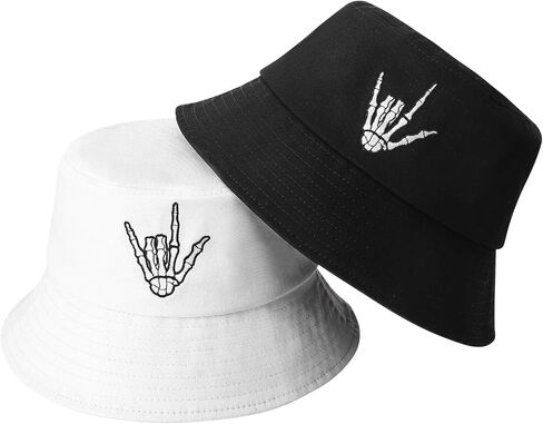 2 Pack Skull Bucket Hat for Men Women, Cotton Skeleton Hand Fisherman Hat, Foldable Black White Summer Travel Sun Hat in Saudi Arabia