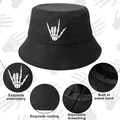 2 Pack Skull Bucket Hat for Men Women, Cotton Skeleton Hand Fisherman Hat, Foldable Black White Summer Travel Sun Hat in Saudi Arabia