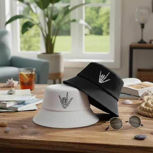2 Pack Skull Bucket Hat for Men Women, Cotton Skeleton Hand Fisherman Hat, Foldable Black White Summer Travel Sun Hat in Saudi Arabia