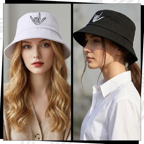 2 Pack Skull Bucket Hat for Men Women, Cotton Skeleton Hand Fisherman Hat, Foldable Black White Summer Travel Sun Hat in Saudi Arabia