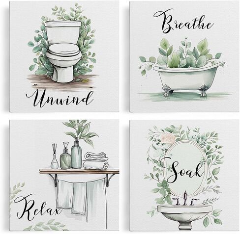 APJYM Relax Soak Unwind Breathe Bathroom Wall Art, Vintage Sage Green Botanical Farmhouse Bathroom Canvas Wall Art for Washroom Shower Room Washroom Restroom Decor, 8x8 Inches Framed, Set of 4 in Saudi Arabia