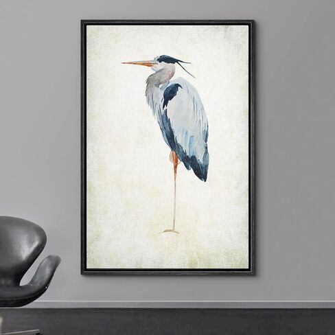 wall26 - Framed Canvas Wall Art - Heron Bird - Wild Animal- Gallery Wrap Modern Home Art | Ready to Hang - 16"x24" Black in Saudi Arabia