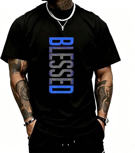 Unisex Blessed Vertical Text Graphic T-Shirt, Faith Inspired Gradient Print Tee, Casual Cotton Crew Neck Top in Kuwait