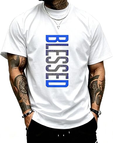 Unisex Blessed Vertical Text Graphic T-Shirt, Faith Inspired Gradient Print Tee, Casual Cotton Crew Neck Top in Kuwait