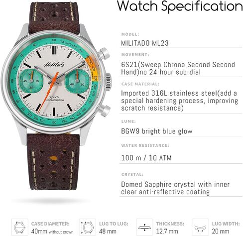 TACTICAL FROG Militado ML23 Military Chronograph Watch for Men, 40mm Stainless Steel Case, 6S21 Sweep Quartz Movement, Domed Sapphire Crystal, BGW9 Lume, 100M Water Resistant, Genuine Leather Strap in Kuwait