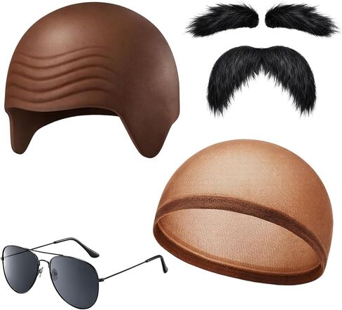 4-Piece Bald Head Cap Set with Brown Head Cover, Bald Cap, Hair Net, Glasses, and Mustache Accessories, Complete Disguise Kit for Costume Parties and Themed Events,Not for children under 14. in Saudi Arabia