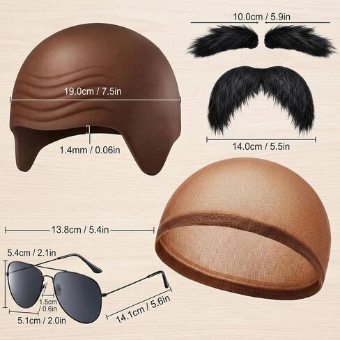 4-Piece Bald Head Cap Set with Brown Head Cover, Bald Cap, Hair Net, Glasses, and Mustache Accessories, Complete Disguise Kit for Costume Parties and Themed Events,Not for children under 14. in Saudi Arabia