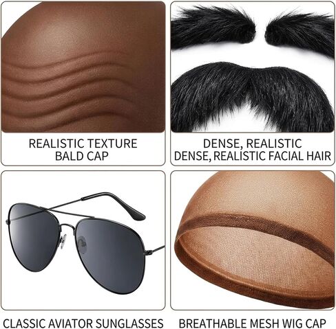 4-Piece Bald Head Cap Set with Brown Head Cover, Bald Cap, Hair Net, Glasses, and Mustache Accessories, Complete Disguise Kit for Costume Parties and Themed Events,Not for children under 14. in Saudi Arabia