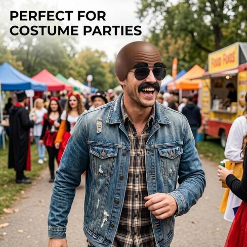 4-Piece Bald Head Cap Set with Brown Head Cover, Bald Cap, Hair Net, Glasses, and Mustache Accessories, Complete Disguise Kit for Costume Parties and Themed Events,Not for children under 14. in Saudi Arabia