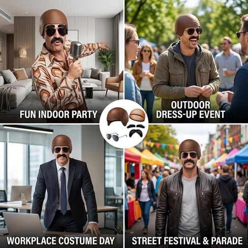 4-Piece Bald Head Cap Set with Brown Head Cover, Bald Cap, Hair Net, Glasses, and Mustache Accessories, Complete Disguise Kit for Costume Parties and Themed Events,Not for children under 14. in Saudi Arabia