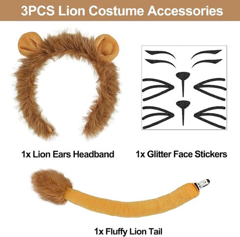 3PCS Lion Costume Accessories Set, Lion Ears Headband Tail and Glitter Face Stickers for Women Halloween Party Cosplay Dress Up in Saudi Arabia