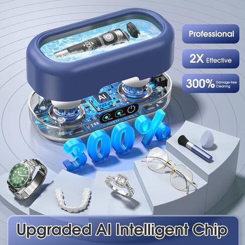 AI Ultrasonic Jewelry Cleaner,50KHz Professional Ultrasonic Cleaner Machine with 304 Stainless Steel for Jewelry, Dentures, Eyeglasses, Rings,Coin, Watch Strap, Hygiene Items (Blue) in Kuwait