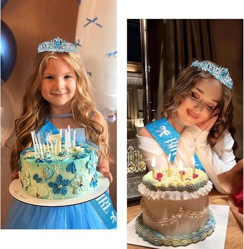 Blue Bow Birthday Decorations Crown and Sash Set for Women Coquette Birthday Decorations Glitter Sash with Blue Bow Glitter Rhinestone Tiara for Party Decor in Saudi Arabia