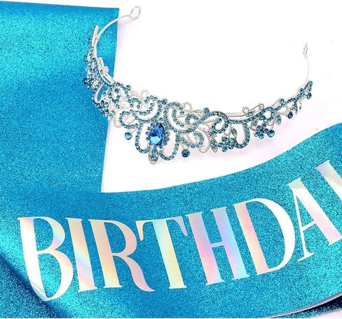 Blue Bow Birthday Decorations Crown and Sash Set for Women Coquette Birthday Decorations Glitter Sash with Blue Bow Glitter Rhinestone Tiara for Party Decor in Saudi Arabia