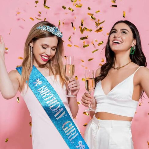 Blue Bow Birthday Decorations Crown and Sash Set for Women Coquette Birthday Decorations Glitter Sash with Blue Bow Glitter Rhinestone Tiara for Party Decor in Saudi Arabia