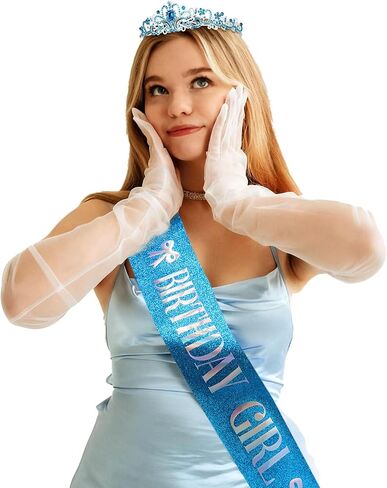 Blue Bow Birthday Decorations Crown and Sash Set for Women Coquette Birthday Decorations Glitter Sash with Blue Bow Glitter Rhinestone Tiara for Party Decor in Saudi Arabia