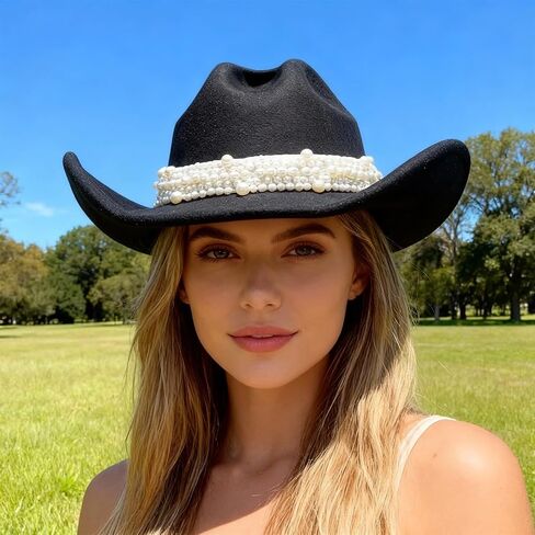 Pearl Hat Bands for Women, White Rhinestone Beaded Stretchy Western Hat Belts, Fit for Fedora Panama Wide Brim Sun Hats for Country Wedding Party Accessories in Kuwait