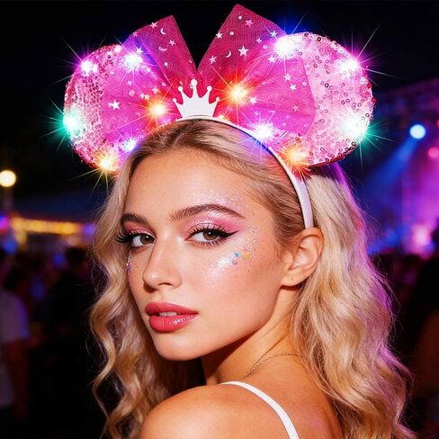 CAKURE Light Up Mouse Ears Headband Pink Led Bow Hair Bands Festival Holiday Hair Accessories for Women in Kuwait