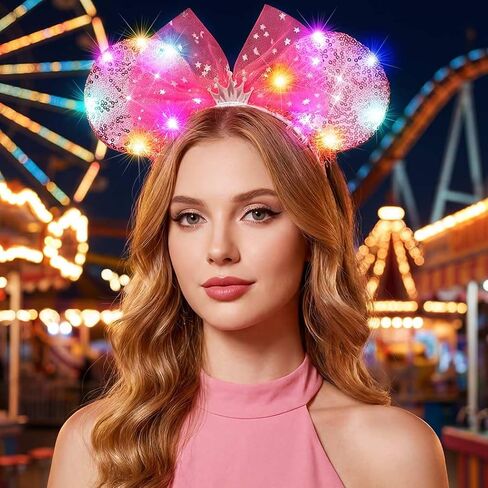 CAKURE Light Up Mouse Ears Headband Pink Led Bow Hair Bands Festival Holiday Hair Accessories for Women in Kuwait