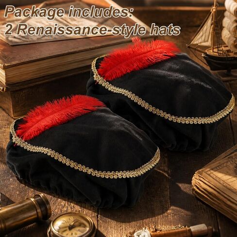 Mikovivi 2pcs Renaissance Hat, Black Medieval Hat with Red Feather Unisex Bard Renaissance Costume Accessories for Women Men Adult in Kuwait