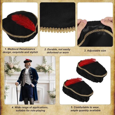 Mikovivi 2pcs Renaissance Hat, Black Medieval Hat with Red Feather Unisex Bard Renaissance Costume Accessories for Women Men Adult in Kuwait