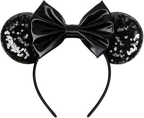 Mouse Ears Headband - Black Satin Bow Hair Accessory with Sparkle Sequins for Theme Parties, Festivals & Daily Wear in Saudi Arabia