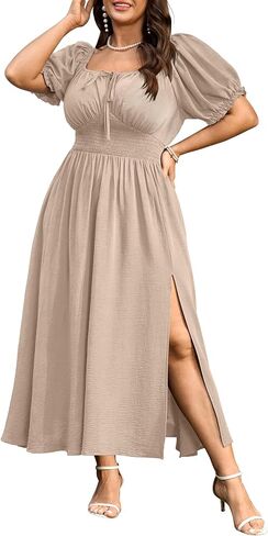 Women's Plus Size Maxi Dress Short Sleeve Smocked Square Neck Tie Front Split A-Line Flowy Long Dresses in Saudi Arabia
