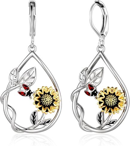 Silver Dangle Earrings for Women White Gold Plated Leverback Sunflower Dangle Drop Earrings Handmade Jewelry Gifts in Saudi Arabia
