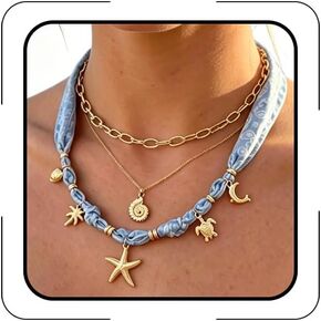Starfish Shell Scarf Necklace for Women Boho Layered Bandana Scarf Necklace With Charm Vacation Outfits for Summer Beach Jewelry in Saudi Arabia
