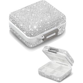 Bling Travel Pill Organizer Crystal Rhinestone 7 Compartments Square Portable Pill Case Daily Pill Box to Hold Vitamins Small Pill Container for Pocket Purse Medicine Organizer(White) in Saudi Arabia