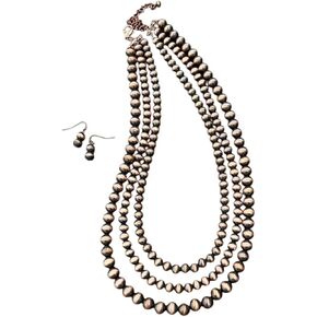 Handmade 3-Strand Copper Navajo Bead Necklace and Earrings Set, Layered Copper Bead Necklace Set 731151 in Kuwait