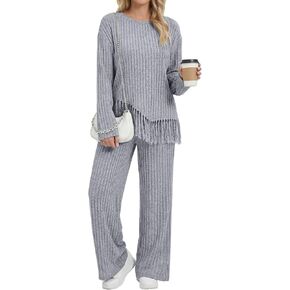 Women 2 Piece Sweater Set Ribbed Knit Lounge Set Long Sleeve Tassel Sweater Wide Leg Travel Loungewear with Pockets in Saudi Arabia