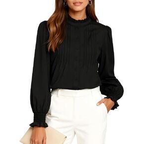 Women's Ruffled Collar Button Down Blouse Victorian Top Long Sleeve Pleated Front Shirt Business Office in Kuwait