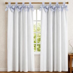Striped Coastal Bow Blackout Curtain Blue and White Coastal Curtains Cotton Beach Decorative Blackout Drapes for Living Room Bedroom Window Cotton, 52 x 84 Inch, 1 Panel in Saudi Arabia