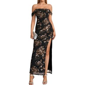 EYNMIN Off Shoulder Corset Maxi Long Formal Wedding Guest Dresses for Women Ruched Bodycon Slit Mesh Cocktail Party Dress in Saudi Arabia