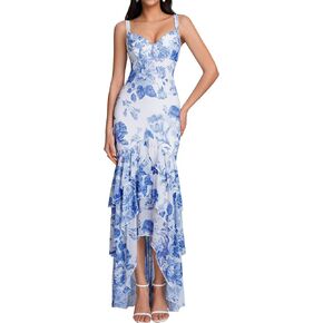 HTZMO Women Floral Wedding Guest Maxi Dress Summer Tiered Hem V Neck Bodycon Formal Party Elegant Long Dresses in Saudi Arabia