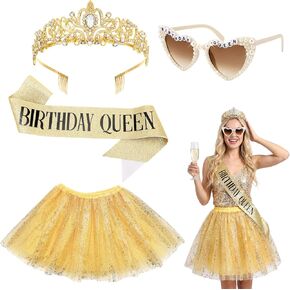 4pcs Golden Birthday Set for Women Tutu Skirt Crown Sash Glasses Queen Party Decorations Running Costume Accessories Bachelorette Celebration Outfit in Saudi Arabia