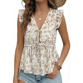 Acelitt Womens Trendy 2026 Summer Ditsy Floral V Neck Bow Tie Front Tops Ruffle Cap Sleeve Babydoll Blouses Shirts Khaki Medium in Kuwait