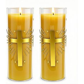 2 Pack 100% Pure Beeswax Pillar Candles in Glass Jar with Cross Design – Unscented, 80-Hour Long Burning, Dripless & Smokeless – Non-Toxic Candles for Prayer, Meditation & Religious Gifts in Saudi Arabia