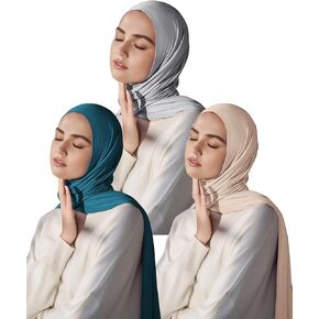 Harewom Muslim Hijab for Women Soft Stretch Headscarf Large Plain Turban Wrap Shawl Head Wrap for Everyday Wear(Light Grey,Beige,Teal) in Kuwait