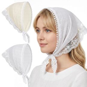 2 Pcs Lace Head Scarf, Floral Lace Bandana Elegant Triangle Hair Scarf for Women Summer Hair Accessories (White and Beige) in Kuwait