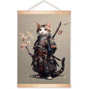 HEYJEEPER Samurai Cat Wall Art 14x18.5 Inch Linen Canvas Poster, Vintage Japanese Cat Warrior Print Wall Hanging Poster, Funny Animal Print for Living Room Bedroom Home Decor Gift（Japanese Cats） in Saudi Arabia
