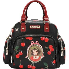 Nicole Lee Nikky Bag Convertible Handbag, Black, Pebbled Eco-Leather, Cherry Lips Print, Dual Handles, Multiple Pockets (CHERRY LIPS BLACK) in Saudi Arabia