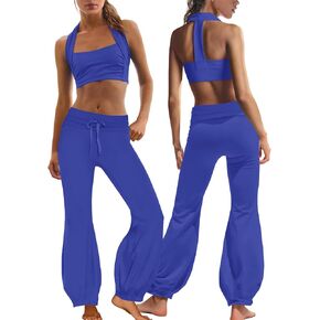 Nirovien Womens Two Piece Workout Sets Athletic Yoga Set Halter Sports Bra and Fold Over Flare Leggings Pilates Gym Outfits in Saudi Arabia