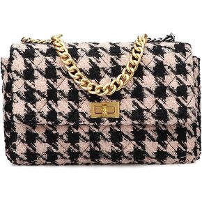 BERTY·PUYI حقيبة كتف للسيدات من جلد البولي يوريثان بنمط Houndstooth للخريف والشتاء، حقيبة كروس من القماش الصوفي، حقيبة يد بسلسلة، بني وأسود in Kuwait