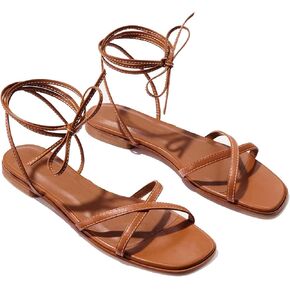 Strappy Flats Sandals for Women Summer Gladiator Lace Up Flat Sandals Open Square Toe Casual Beach Slides Sandals in Saudi Arabia