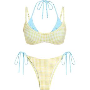 ZAFUL Women's Polka Dot Bikini Set Double Layer Halter Swimsuit Colorblock Side Tie 2 Piece Bathing Suit in Kuwait