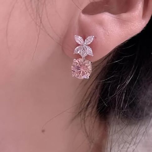 White Gold Plated White & Pink Cubic Zirconia Dangle Earrings for Women Daily Evening Parties Wear Lightweight Jewelry Earring Gift for Her in Kuwait